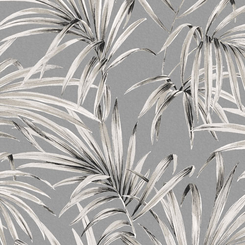 Tapet Palm Midnight, Lotus, ståtliga palmblad i vitt, ljusgrått och svart. Grå botten
