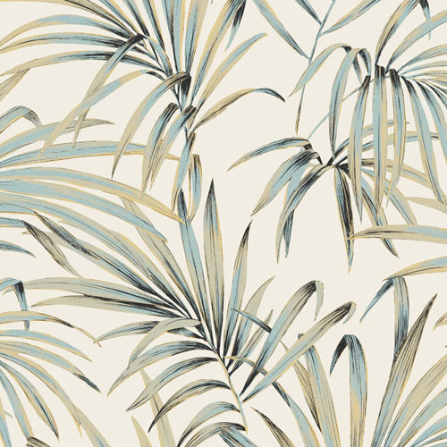 Tapet Palm Teal, Lotus, ståtliga palmblad i turkos, beige och svart. Antikvit botten