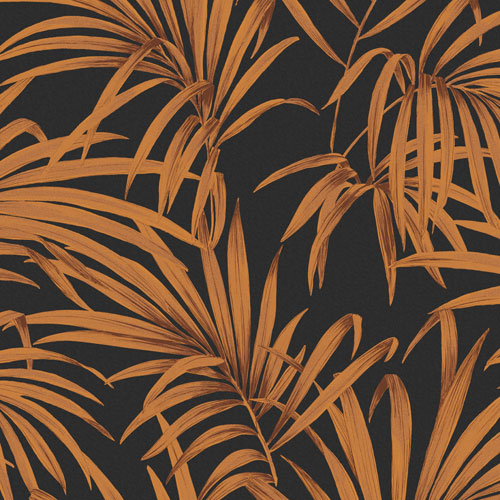 Tapet Palm Sunrise, Lotus, ståtliga kopparfärgade palmblad. Svart botten