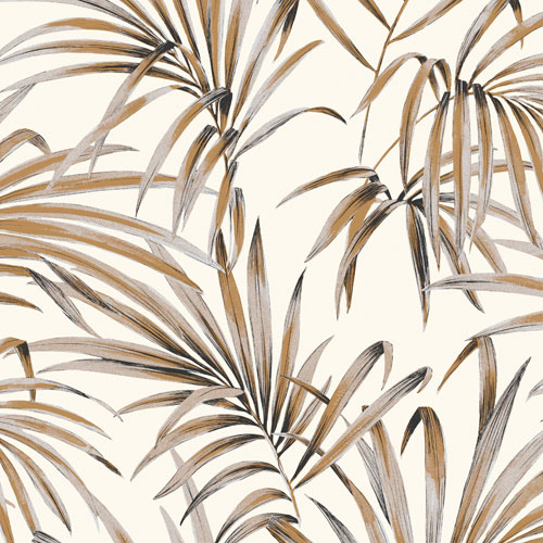 Tapet Palm Ginger, Lotus, ståtliga palmblad i beigt, lila och svart. Antikvit botten