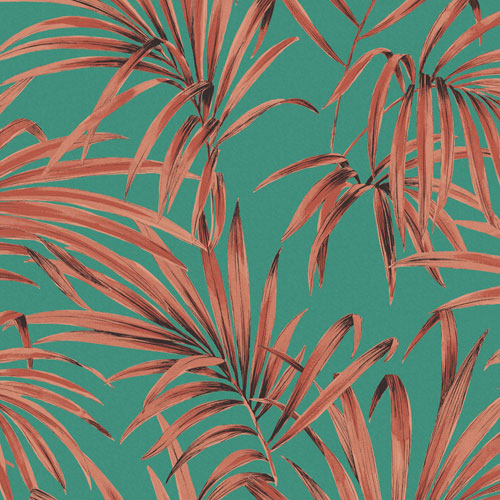 Tapet Palm Tropical, Lotus, ståtliga palmblad i rött. Grön botten