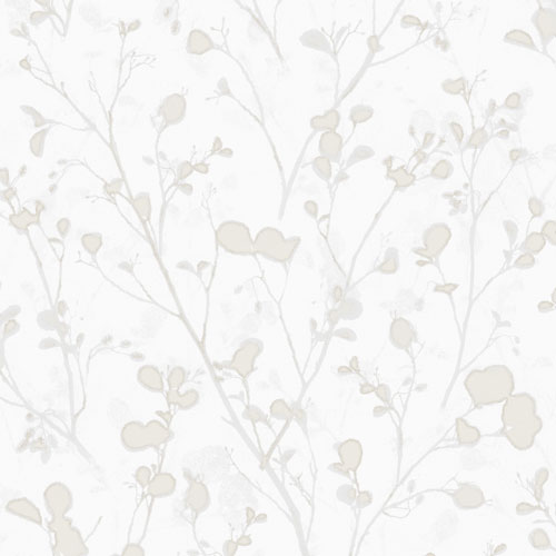 Tapet Alder Snow, Lotus, alder grenar och blad i beige och grått. Antikvit botten