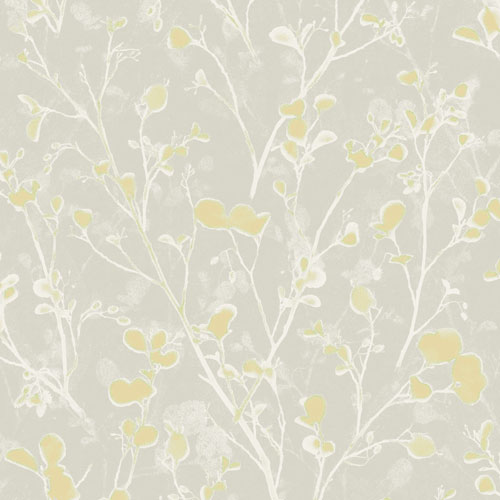 Tapet Alder Greenery, Lotus, alder grenar och blad i vitt och gult. Ljusgrå botten
