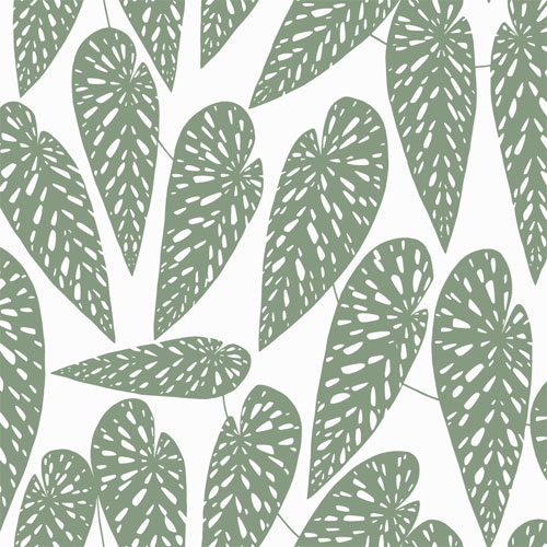 Tapet Jungle, Seven Sisters, stora gröna blad, vit botten