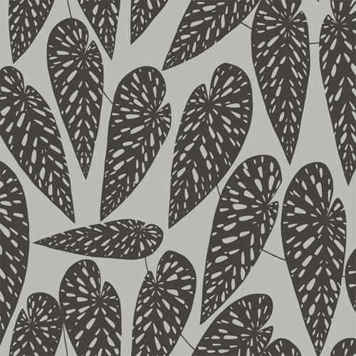 Tapet Jungle, Seven Sisters, stora svarta blad, grå botten