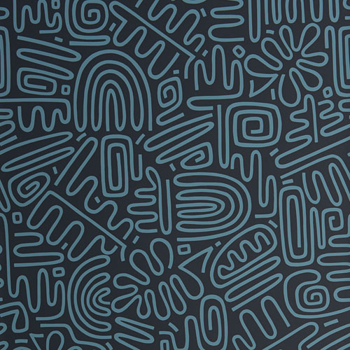 Tapet Nazca Labyrinth, Pioneer, abstrakta symboler i blågrå, mörkblå botten.