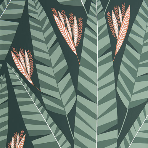 Tapet Jungle Rainforest, Pioneer, stiliserade stora grågröna tropiska blad, ljus aprikos blommor, mörkgrön botten.