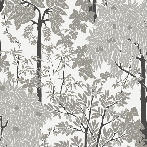 Tapet Amazone grey, Olivia, träd i grått och svart på ljus botten