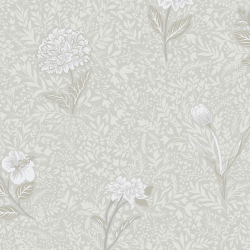 Tapet Dahlia Snow, Olivia, blommor och blad, grå