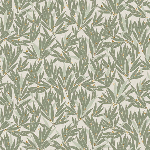 Tapet Lauris Olive, Olivia gröna blad mot gräddvit bakgrund
