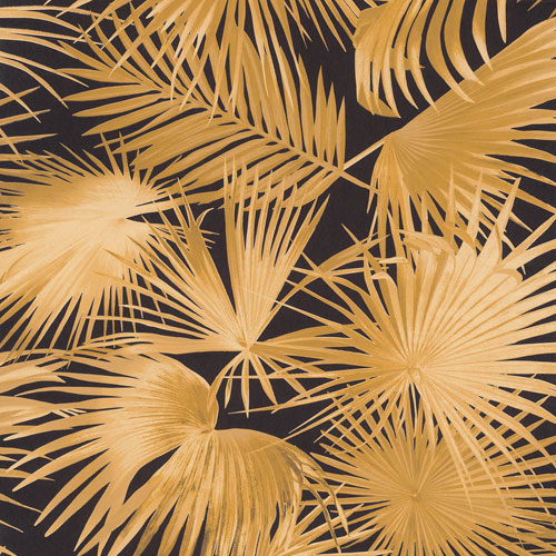 Tapet Ratan Ocre, Wild, lätt skimrig matt palmblad guldgul, svart botten.