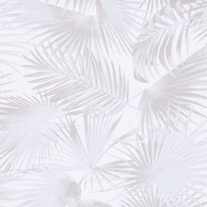 Tapet Ratan Silver, Wild, matt botten och silverskimmrande palmblad, vit botten. ENSTAKA RULLAR 5 Rullar kvar
