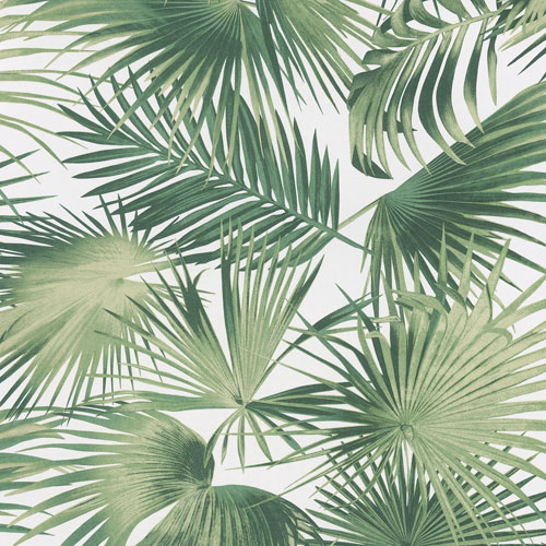 Tapet Ratan Ocre, Wild, lätt skimrig matt palmblad grön, vit botten.