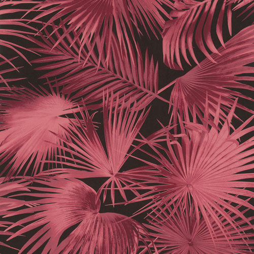 Tapet Ratan Burgundy, Wild, lätt skimrig matt palmblad rosa/röd, svart botten.