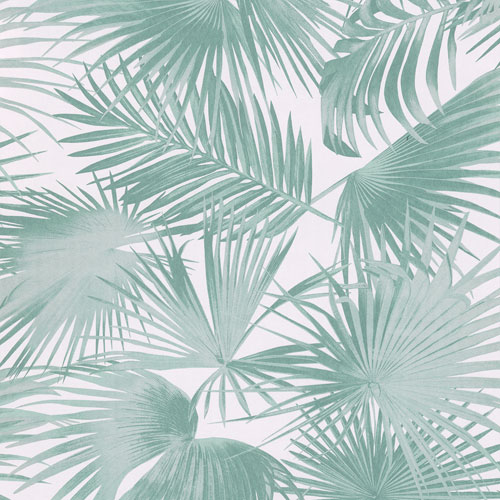 Tapet Ratan Teal, Wild, lätt skimrig matt palmblad mintgrön, vit botten.