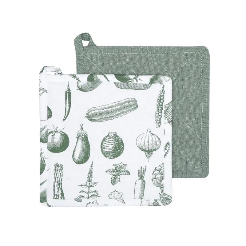Grytlapp MAJ, återvunnen bomull, grönsaksmotiv och enfärgad, 2-pack stl.20x20cm, grön, vit