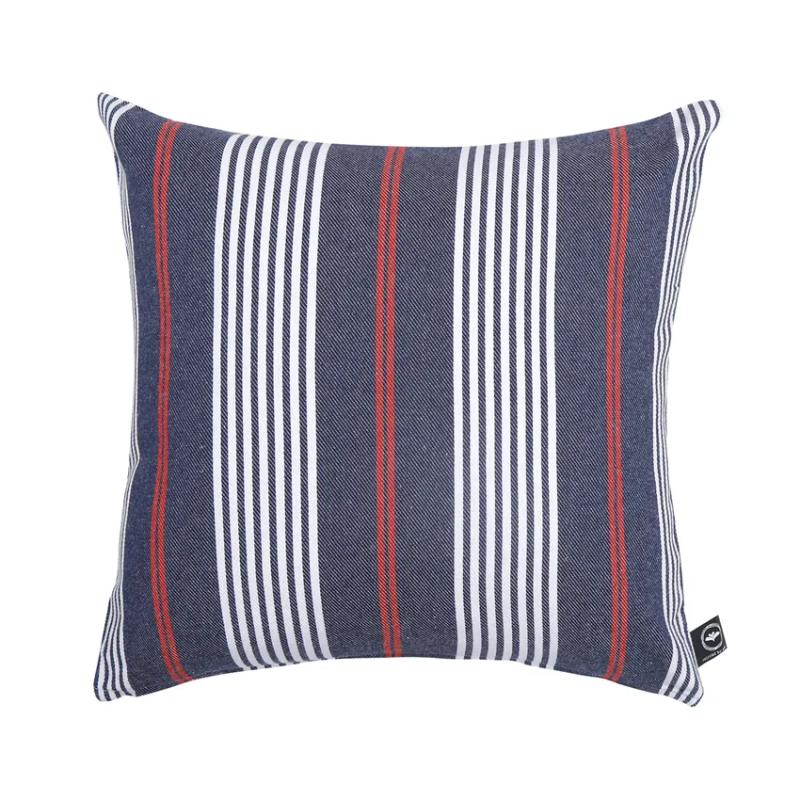 Kuddfodral HAMPUS, återvunnet material, randig i marin stil i marinblått, offwhite och röd
