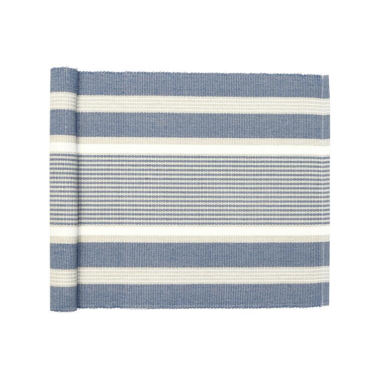 Löpare GRETA randig i gråblått, offwhite och linnefärg, stl 33x120cm