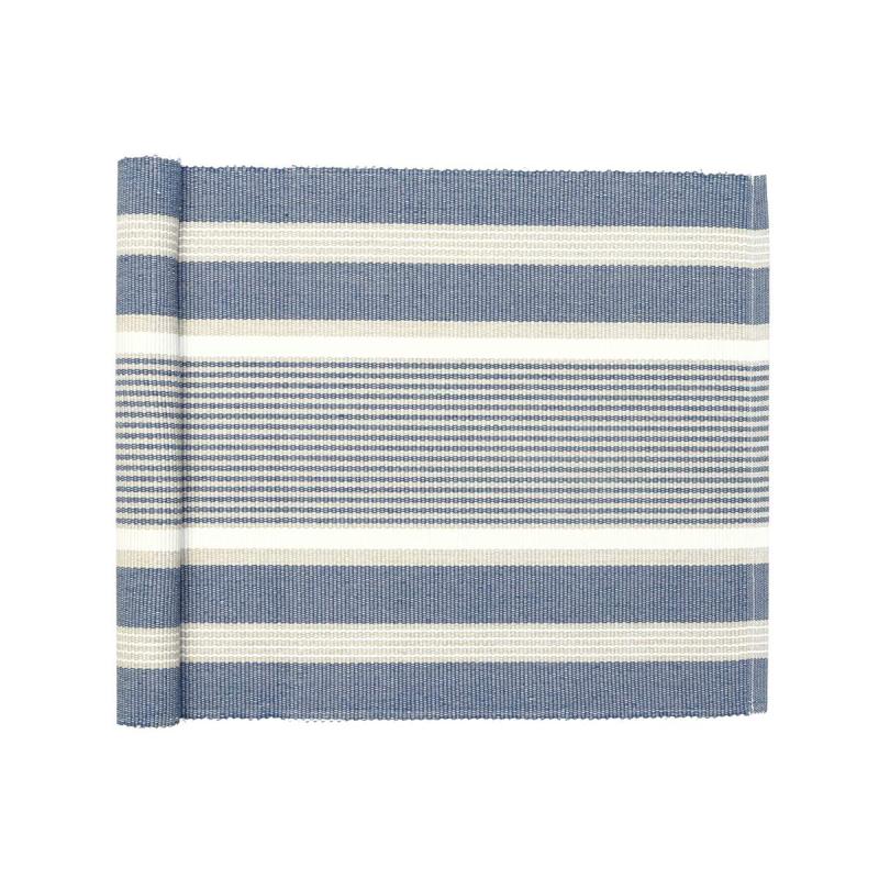 Löpare GRETA randig i gråblått, offwhite och linnefärg, stl 33x240cm