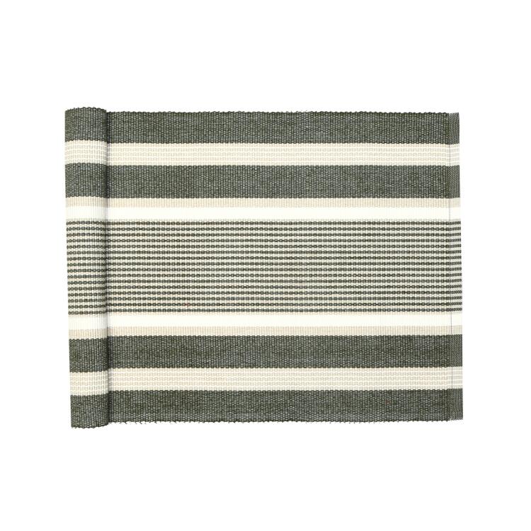 Löpare GRETA randig i olivgrönt, offwhite och linnefärg, stl 33x120cm