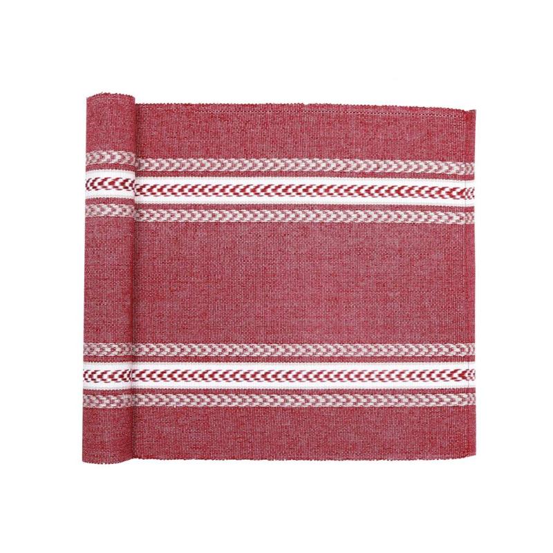 Löpare THEA, röd med flätliknande ränder i offwhite. stl. 33x120cm