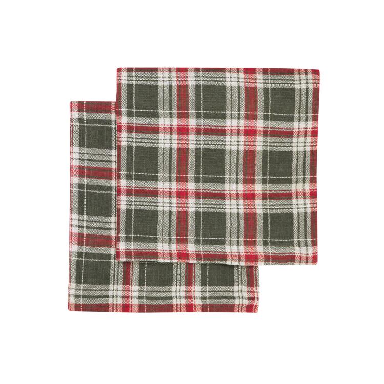 Servett, liten duk VIVI i 2-pack med skotsktrutigt, tartan mönster i olivgrönt, rött och linnefärg