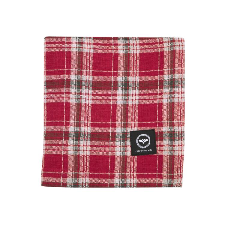 Fyrkantig duk VIVI med skotsktrutigt, tartan mönster i rött, olivgrönt och linnefärg
