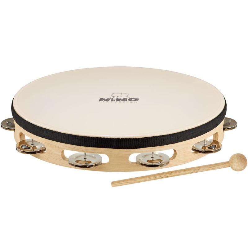 NINO Percussion Tamburin m. skinn, Wood 10", 1 row, NINO25