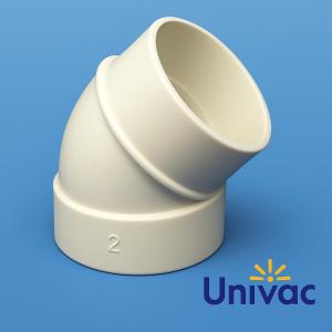 45 graders vit PVC-böj med nippelanslutning, fotograferad mot blå bakgrund med Univac-logotyp. För Univac centraldammsugarsystem