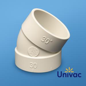 30 graders vit PVC-böj med muffanslutningar, placerad mot blå bakgrund med Univac-logotyp. Rördel till centraldammsugare