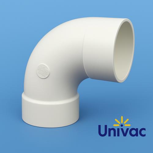 90 graders mjuk vit PVC-böj med muff, mot blå bakgrund med Univac-logotyp. För jämna svängar i Univac centraldammsugarsystem