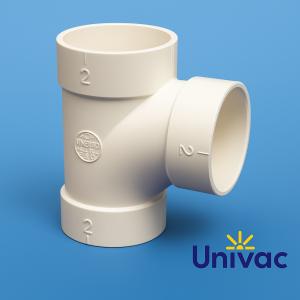 T-format vitt PVC-rör med tre muffanslutningar, mot blå bakgrund med Univac-logotyp. Används för rörförgrening i centraldammsugarsystem