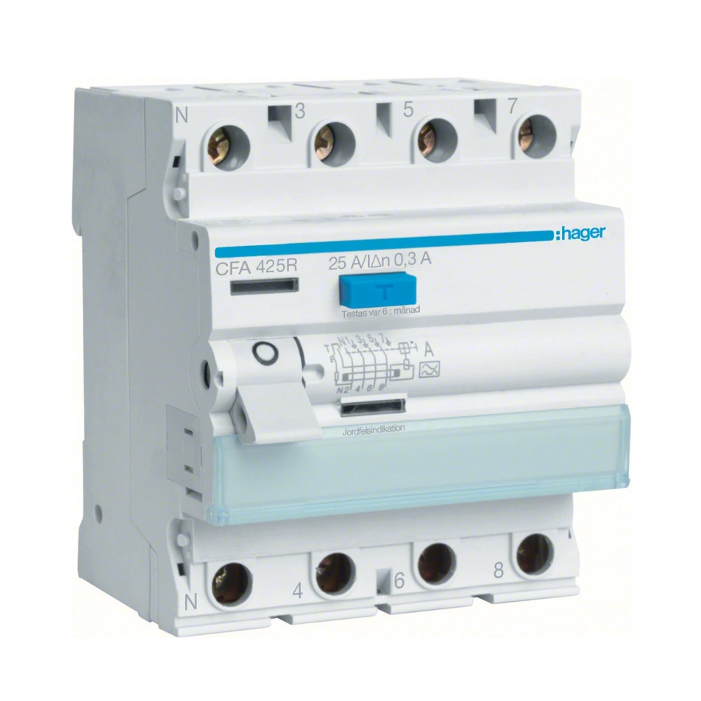 Reststrømsafbryder 4Polet A-Type 25A 400V 300mA IP20 Hager