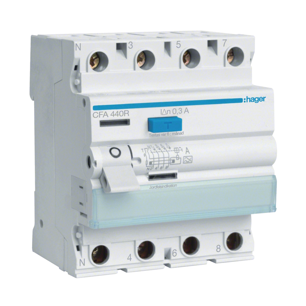 Reststrømsafbryder 4Polet A-Type 40A 400V 300mA IP20 Hager