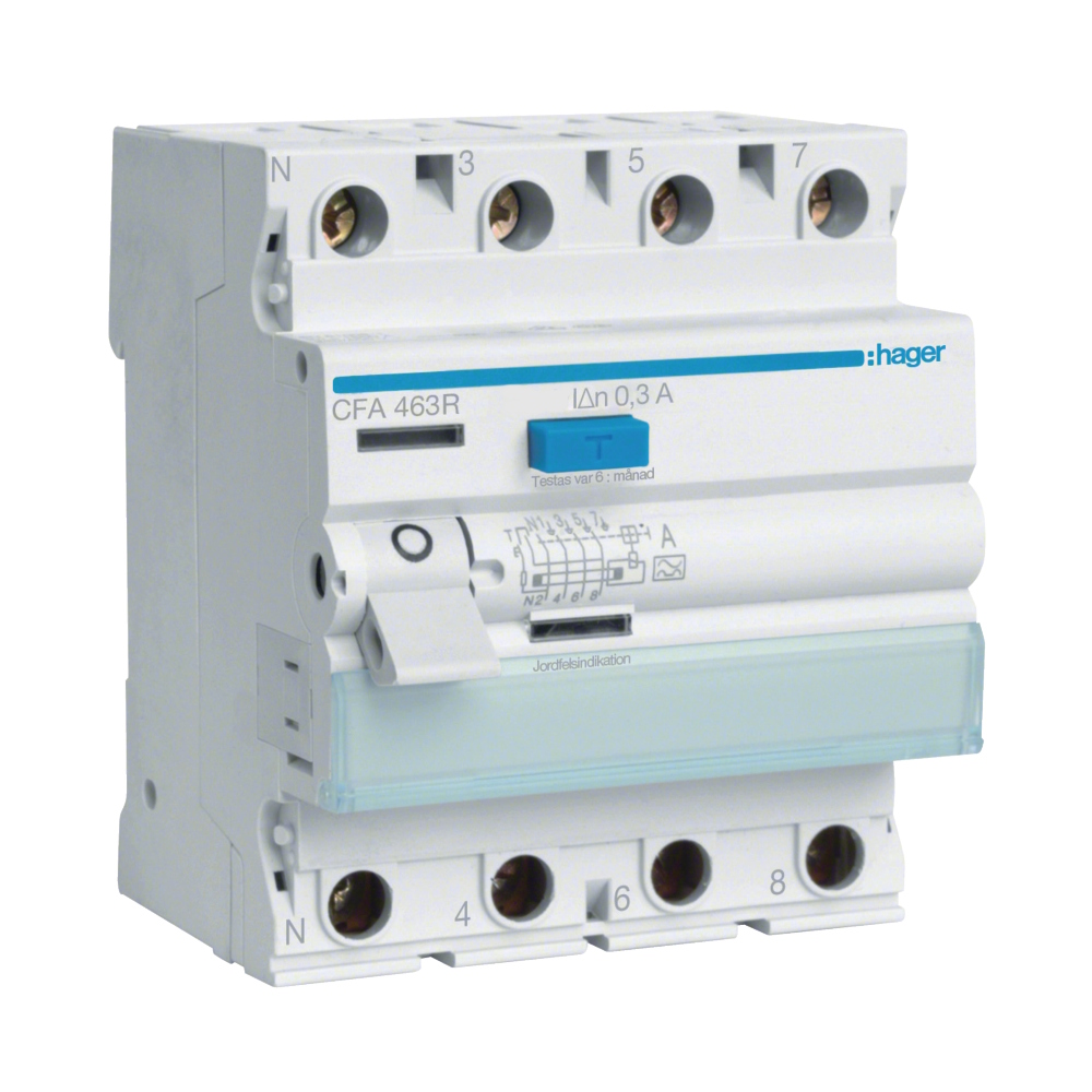 Reststrømsafbryder 4Polet A-Type 63A 400V 300mA IP20 Hager