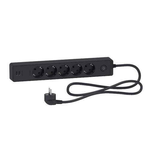 Grenuttag 5-Vägs Jord 2USB Med Brytare 16A 3680W 230-250V Schneider Electric