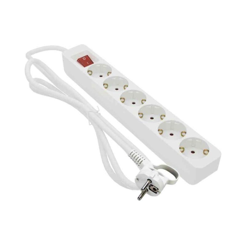 Strømudtag 6-Vejs Jord Med Switch H05VV-F3 1m 16A 2680W Hvid Gelia