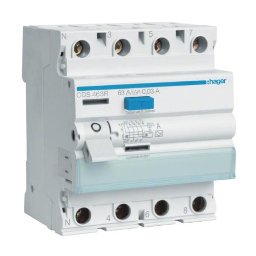 Jordfejlsafbryder QuickConnect 4-Polet Type A 30mA 63A IP20 Hager