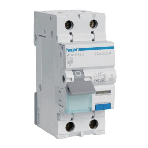 Personbeskyttelsesautomat 1-Pol Med Nul Type A 30mA 16A Hager