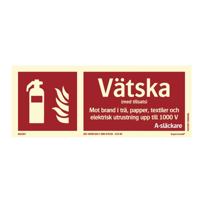Skylt Vätskesläckare ISO 250x100mm Supernova+ Systemtext