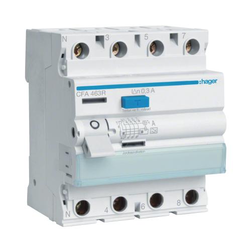 Residual Current Circuit Breaker 4Poles A-Type 63A 400V 300mA IP20 Hager