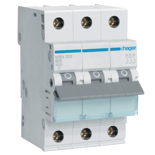 Mini-Automatsikring Skruetilslutning 3Poler B-Karakteristik 20A 6kA 230-400V IP20 Hager