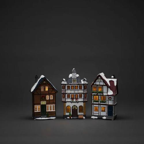 Batteridrevne 3 Små Huse Med 6 Ravfarvede LED IP20 Flerfarvede Konstsmide