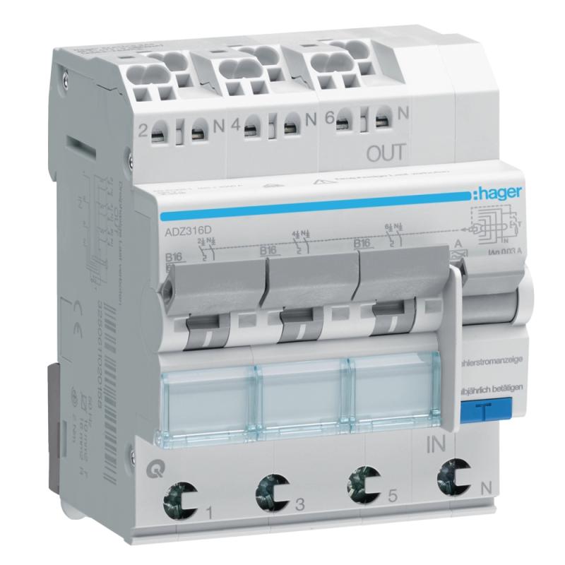 Personbeskyttelsesafbryder QuickConnect 3Poler+Nul B-Karakteristik Type-A 16A 6kA 30mA 230V IP20 Hager