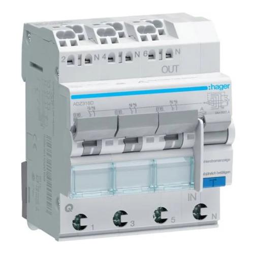 RCBO 3Polet+N B-Kurve A-Type 16A 6kA 30mA 230V IP20 Hager