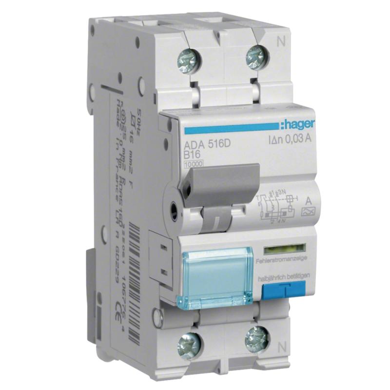 Personbeskyttelsesafbryder QuickConnect 1Pol+Nolla B-Karakteristik Type-A 16A 10kA 30mA 240V IP2X Hager