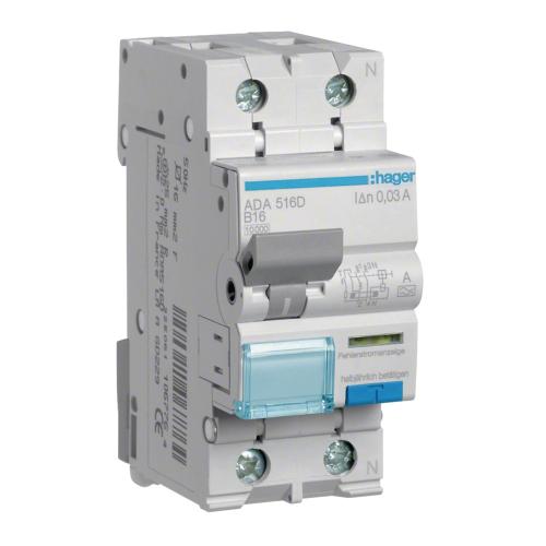 Reststrømsafbryder 1Pol+N B-Kurve 16A 240V 30mA A-Type IP20 Hager