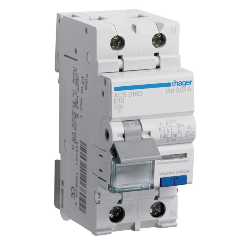 Differentialafbryder 1Pol+N Type-A B-Karakteristik 16A 10mA 6kA 240VAC IP2X Hager