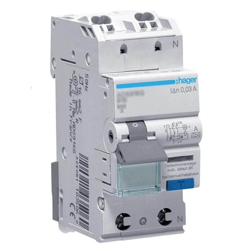 Personbeskyttelsesafbryder QuickConnect 1Pol+Nolla ​B-Karakteristik Type-A 10A 6kA 30mA 240V IP2X Hager