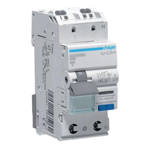 Reststrømsafbryder 1Polet+N B-Kurve A-Type 16A 30mA 240V IP2X Hager